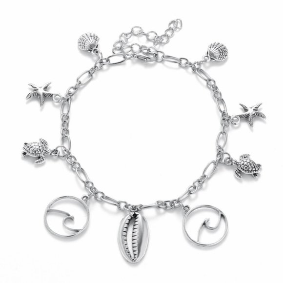 🔵Wave Turtle Shell Silver Tone Chain Link Anklet - Picture 1 of 3